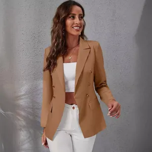 Elegant camel slim-fit blazer for women with double-breasted buttons and notch lapel