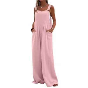 Fashionable summer pink wide-leg jumpsuit with button strap detail and side pockets