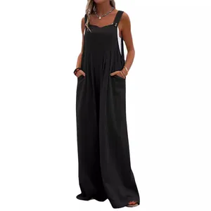 Casual women's black wide-leg jumpsuit with button details and sleeveless design