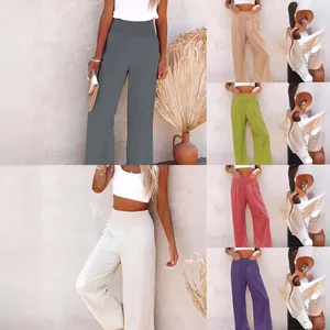 Comfortable high-waisted smocked wide-leg casual pants for women shown in multiple colors