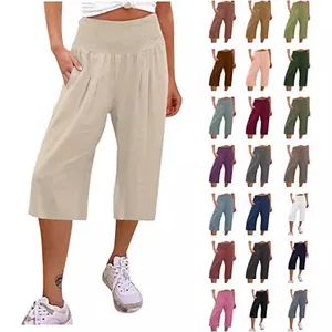 Culottes Donna Vintage a Punto Smock Vita Alta Pantaloni Capri a Gamba Larga Casual Tinta Unita in Poliestere per Vacanze Estive