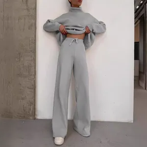 Women Casual Two Piece Sweatshirt Set High Neck Long Sleeve Pullover Top And Wide Leg Pants Loose Lounge Tracksuit