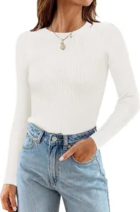 Close-up of white ribbed long-sleeve knit top with elegant round neckline for women.
