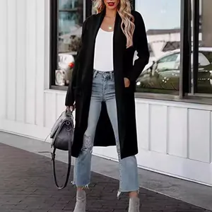 Élégant cardigan long noir pour femme, style urbain décontracté automne hiver