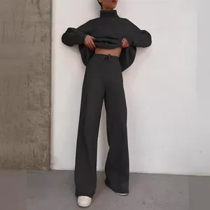 Elegant women's high-neck loose sweatshirt and wide-leg pants two-piece lounge set