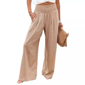 Women's casual wide-leg cotton pants with smocked waist and side pockets in khaki