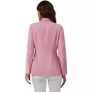 Back view of a slim-fit pink women's blazer with tailored seams on white background