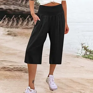 Pantaloni estivi casual da donna a vita alta arricciata con gamba larga e taglio a 3/4