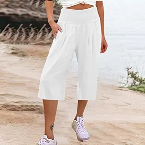 Pantaloni a gamba larga bianchi estivi leggeri con vita alta arricciata per donna
