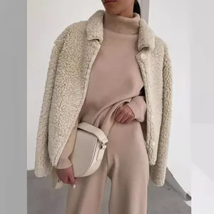 Chic beige high neck knit top and wide leg pants 2 piece set for women fashion