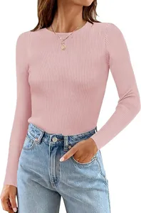 Close-up of pink ribbed long sleeve top showing fine knit texture and round neck