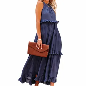 Elegant navy blue halter neck tiered ruffle maxi dress for women summer chic fashion style