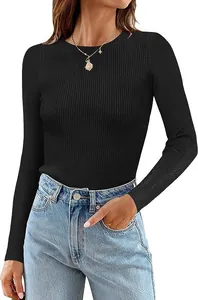 Close-up of the fine ribbed texture and crew neck detail on this black long sleeve top