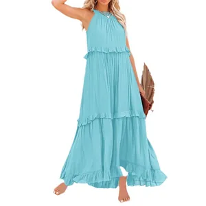 Elegant sky blue sleeveless tiered maxi cake dress for summer beach and vacation wear