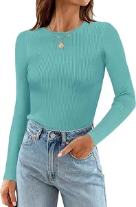 Detailed view of women's teal ribbed long sleeve top featuring a round neck and slim fit.