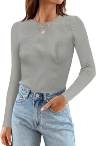 Close-up showing the soft ribbed texture of this grey round neck long sleeve top