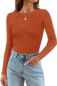 Detailed view of women's orange ribbed knit long-sleeve top with a classic round neckline