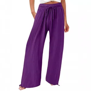 Pantalon large en coton et lin violet pour femme avec cordon de serrage