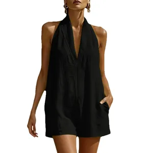 Mono corto negro con cuello halter y escote en V para mujer, estilo de vacaciones