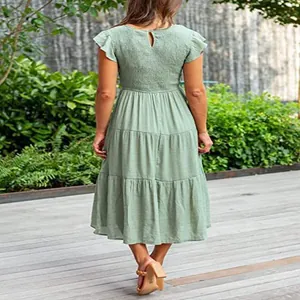Back view of sage green tiered midi dress with flutter sleeves and smocked bodice