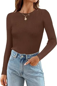 Close-up detail of women's brown ribbed long-sleeve top featuring a classic round neckline