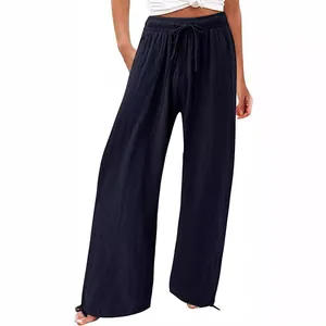 Pantalon large décontracté en coton et lin pour femme avec cordon de serrage et poches