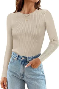 Detailed macro view showing the texture of a women's beige ribbed long sleeve knit top
