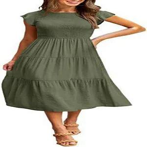 Detailed view of green smocked tiered midi dress with flutter sleeves for women