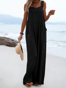 Summer black sleeveless wide-leg cotton linen jumpsuit with decorative strap buttons
