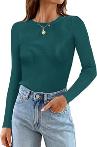 Close-up of women's elegant dark green ribbed crew neck long sleeve knit sweater top