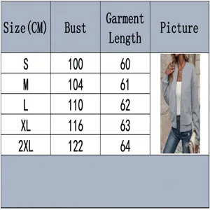 Detailed size chart for women's solid color zip-up jacket including bust and length