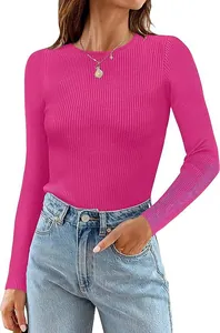 Close-up detail of magenta ribbed long sleeve top featuring crew neckline and slim fit