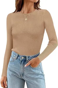 Close-up detail of a stylish women's tan ribbed knit long sleeve sweater for autumn