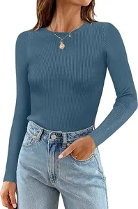 Detailed visual of a women's blue ribbed long sleeve slim fit crew neck knit top