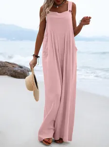 Casual pink sleeveless wide-leg jumpsuit with button straps for summer beachwear