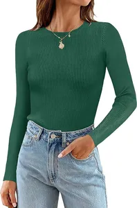 Close-up of women's ribbed knit long sleeve top in emerald green with round neck