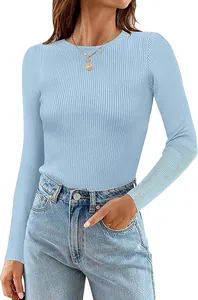 Close-up detail of light blue ribbed knit texture on a slim-fit long-sleeve crewneck top
