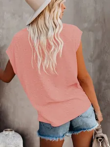 Back view of a casual coral pink round neck short sleeve T-shirt for women