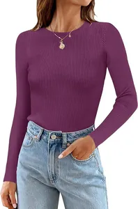 Detail view of a purple ribbed knit long sleeve crew neck slim fit top for women