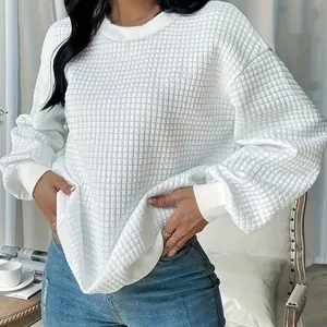 Sweat-shirt Pull en Maille Gaufre pour Femmes Décontracté Col Rond Manches Longues Épaules Tombantes Texture Quadrillée