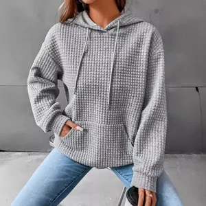Γυναικείο φούτερ με κουκούλα waffle knit, γκρι casual μπλούζα με τσέπη καγκουρό