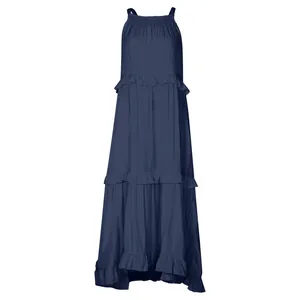 Elegant navy blue tiered maxi cake dress with ruffled layers and smocked neckline detail