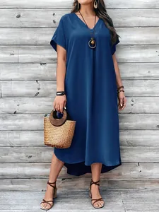 Full-length view of a casual blue V-neck maxi dress with a relaxed and stylish fit
