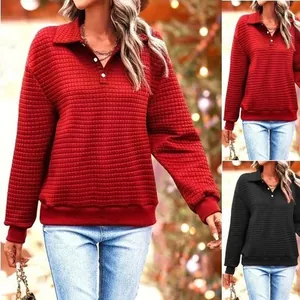 Women's Casual Waffle Knit Sweatshirt Lapel Polo Collar Button Down Long Sleeve Solid Pullover Top For Autumn Winter