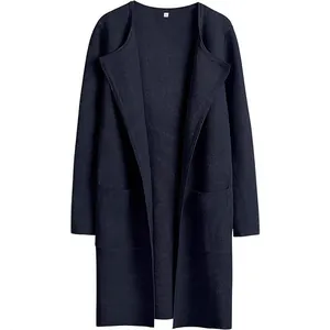 Eleganter marineblauer langärmeliger Cardigan-Mantel mit Revers und Vordertaschen für Damen