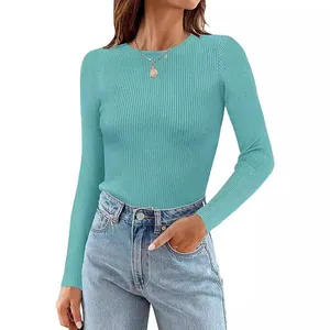Women's long sleeve round neck ribbed knit top in teal, elegant solid color basic shirt