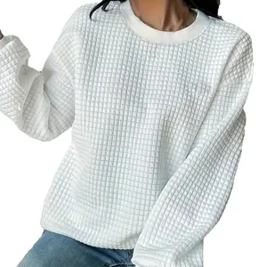 Sweat-shirt blanc texturé à col rond pour femme avec manches longues et style décontracté