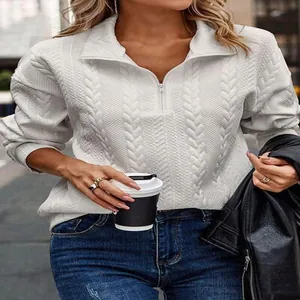Dettaglio felpa in maglia a trecce bianca con colletto a revers e mezza zip