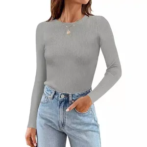 Elegant grey long-sleeve ribbed knit crew neck top for women shown on a studio model