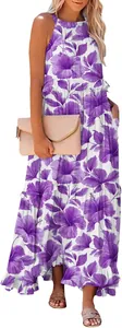 Elegant summer purple floral maxi dress featuring a sleeveless tiered cake skirt design